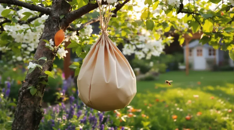 Ce sac en papier kraft accroché à une branche tient les frelons asiatiques loin du jardin tout l’été Ce sac en papier kraft accroché à une branche tient les frelons asiatiques loin du jardin tout l’été