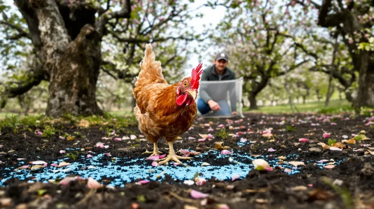 Lâcher ses poules sous les fruitiers en avril est une excellente idée, sauf si ce résidu bleu reste au sol Lâcher ses poules sous les fruitiers en avril est une excellente idée, sauf si ce résidu bleu reste au sol